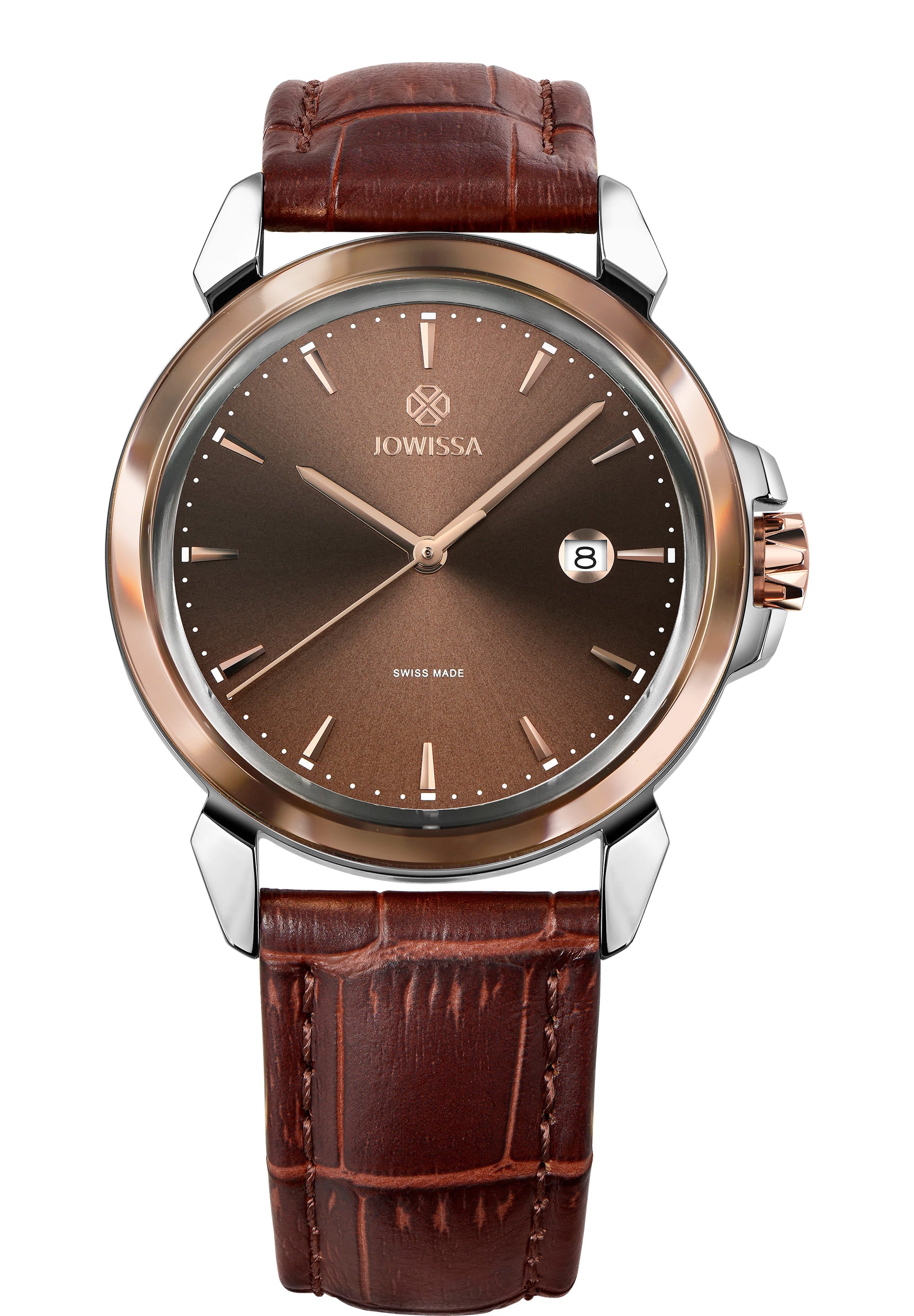LeWy 3 Swiss Men's Watch J4.240.L featuring a sable-brown dial, rose-gold details, and a genuine leather strap.